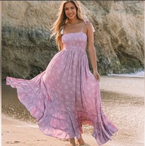 NWT Vici Olia Clothing Adjustable Tassel Tie Maxi Dress Lined Lavender Smocked